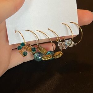 Teal and gold sea glass beaded hoop earrings